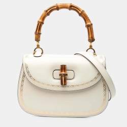 Pre Owned Gucci White Calfskin Frame Print Bamboo Top Handle Bag