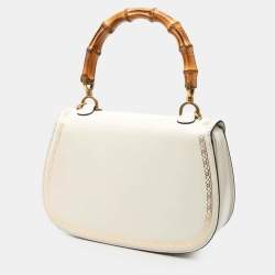 Pre Owned Gucci White Calfskin Frame Print Bamboo Top Handle Bag