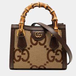 Pre Owned Gucci Jumbo Gg Diana Bamboo Mini Handbag/Shoulder Bag Brown Canvas And Leather
