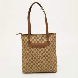Pre Owned Gucci Sherry Beige/Brown GG Supreme Canvas and Leather Tote