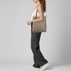 Pre Owned Gucci Sherry Beige/Brown GG Supreme Canvas and Leather Tote