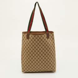 Pre Owned Gucci Sherry Web Beige/Brown GG Supreme Canvas and Leather Tote