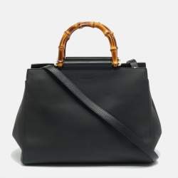 Pre Owned Gucci Nymphaea Black Leather Top Handle Bag
