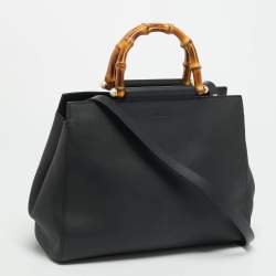 Pre Owned Gucci Nymphaea Black Leather Top Handle Bag