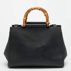 Pre Owned Gucci Nymphaea Black Leather Top Handle Bag