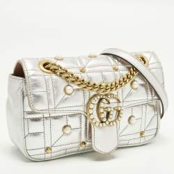 Pre Owned Gucci GG Pearl Marmont Flap Mini Silver Matelassé Leather Shoulder Bag