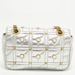 Pre Owned Gucci GG Pearl Marmont Flap Mini Silver Matelassé Leather Shoulder Bag