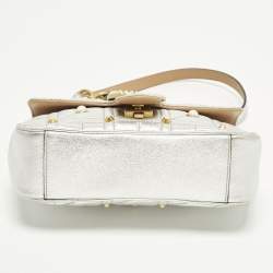 Pre Owned Gucci GG Pearl Marmont Flap Mini Silver Matelassé Leather Shoulder Bag