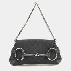 مملوكة مسبقًا Gucci Horsebit Black GG Canvas and Leather Chain Clutch