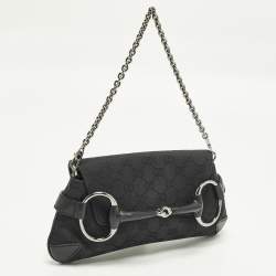 مملوكة مسبقًا Gucci Horsebit Black GG Canvas and Leather Chain Clutch