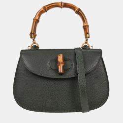 Pre Owned Gucci Green Pigskin Bamboo 2way Handbag