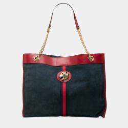 Pre Owned Gucci Blue, Red Large Web Suede Rajah Tote