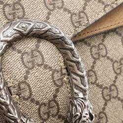 Pre Owned Gucci Dionysus Gg Supreme Shoulder Bag Chain Tiger Head Suede Beige