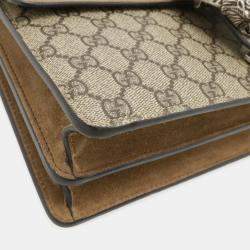Pre Owned Gucci Dionysus Gg Supreme Shoulder Bag Chain Tiger Head Suede Beige