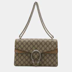 Pre Owned Gucci Dionysus Gg Supreme Shoulder Bag Chain Tiger Head Suede Beige