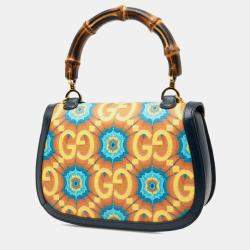 Pre Owned Gucci Bamboo Handbag/Shoulder Bag  Navy Multicolor Leather