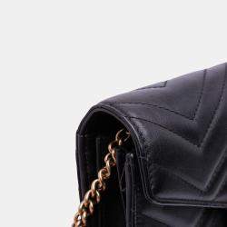 Pre Owned Gucci Black GG Marmont Matelasse Leather Wallet On Chain