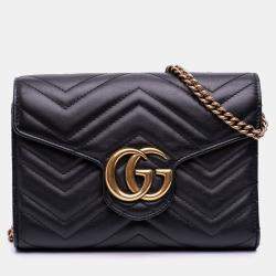 Pre Owned Gucci Black GG Marmont Matelasse Leather Wallet On Chain
