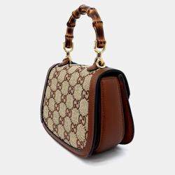 Pre Owned Gucci Beige Brown Canvas and Leather Crystal Bamboo 1947 Mini Top Handle Bag