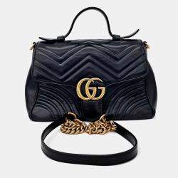 Pre Owned Gucci Black Leather Matelasse Marmont Top Handle Bag