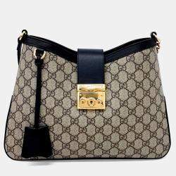 Pre Owned حقيبة كتف غوتشي بيج أسود PVC بقفل GG متوسطة الحجم