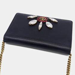 Pre Owned Gucci Black Leather GG Marmont Crystal Chain Crossbody Bag