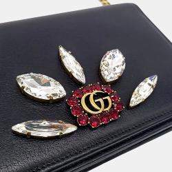 Pre Owned Gucci Black Leather GG Marmont Crystal Chain Crossbody Bag