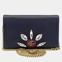 Pre Owned Gucci Black Leather GG Marmont Crystal Chain Crossbody Bag