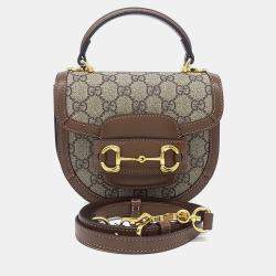 مملوكة مسبقًا Gucci Beige Brown Leather and PVC 1955 Horsebit Mini Top Handle Bag
