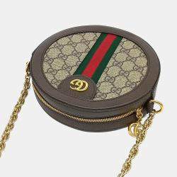 مملوكة مسبقًا Gucci Beige Brown Canvas and Leather Ophidia Mini GG Round Shoulder Bag