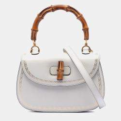 Pre Owned Gucci White Calfskin Frame Print Bamboo Top Handle Bag