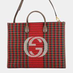 Pre Owned Gucci Red Interlocking G Tweed Houndstooth Stripe Satchel