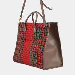 Pre Owned Gucci Red Interlocking G Tweed Houndstooth Stripe Satchel