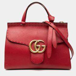 Pre Owned Gucci Red Medium GG Marmont Grained Leather Top Handle Satchel