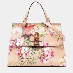 Pre Owned Gucci Brown Small Calfskin Blooms Bamboo Daily Satchel