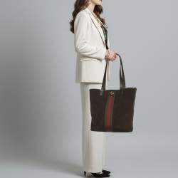 Pre Owned Gucci Ophidia Dark Brown Leather and Suede Open Tote