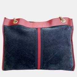 Pre Owned Gucci Blue/Red Large Web Suede Rajah Tote
