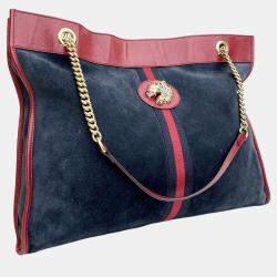 Pre Owned Gucci Blue/Red Large Web Suede Rajah Tote