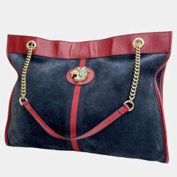 Pre Owned Gucci Blue/Red Large Web Suede Rajah Tote