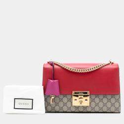 Pre Owned Gucci Brown Red Medium GG Supreme Padlock Shoulder Bag