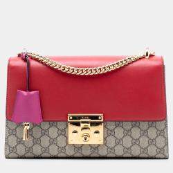 Pre Owned Gucci Brown Red Medium GG Supreme Padlock Shoulder Bag