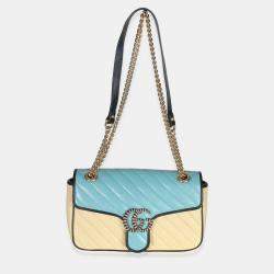 Pre Owned Gucci Blue Yellow Calfskin Matelasse Diagonal Torchon Small GG Marmont Bag