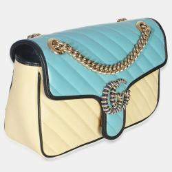 Pre Owned Gucci Blue Yellow Calfskin Matelasse Diagonal Torchon Small GG Marmont Bag