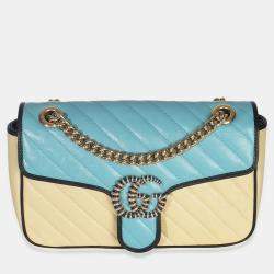Pre Owned Gucci Blue Yellow Calfskin Matelasse Diagonal Torchon Small GG Marmont Bag