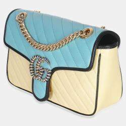 Pre Owned Gucci Blue Yellow Calfskin Matelasse Diagonal Torchon Small GG Marmont Bag