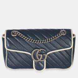 مملوكة مسبقًا Gucci Navy White Calfskin Matelasse Diagonal Torchon Medium GG Marmont Bag