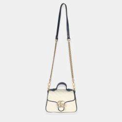 Pre Owned Gucci Navy White Calfskin Matelasse Diagonal Torchon Mini GG Marmont Top Handle