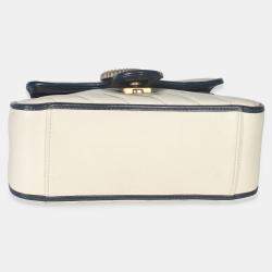 Pre Owned Gucci Navy White Calfskin Matelasse Diagonal Torchon Mini GG Marmont Top Handle