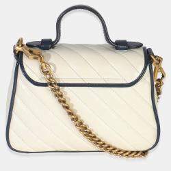 Pre Owned Gucci Navy White Calfskin Matelasse Diagonal Torchon Mini GG Marmont Top Handle
