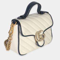 Pre Owned Gucci Navy White Calfskin Matelasse Diagonal Torchon Mini GG Marmont Top Handle